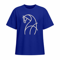 Front view of navy blue short sleeve t shirt with light beige line art horse chest graphic