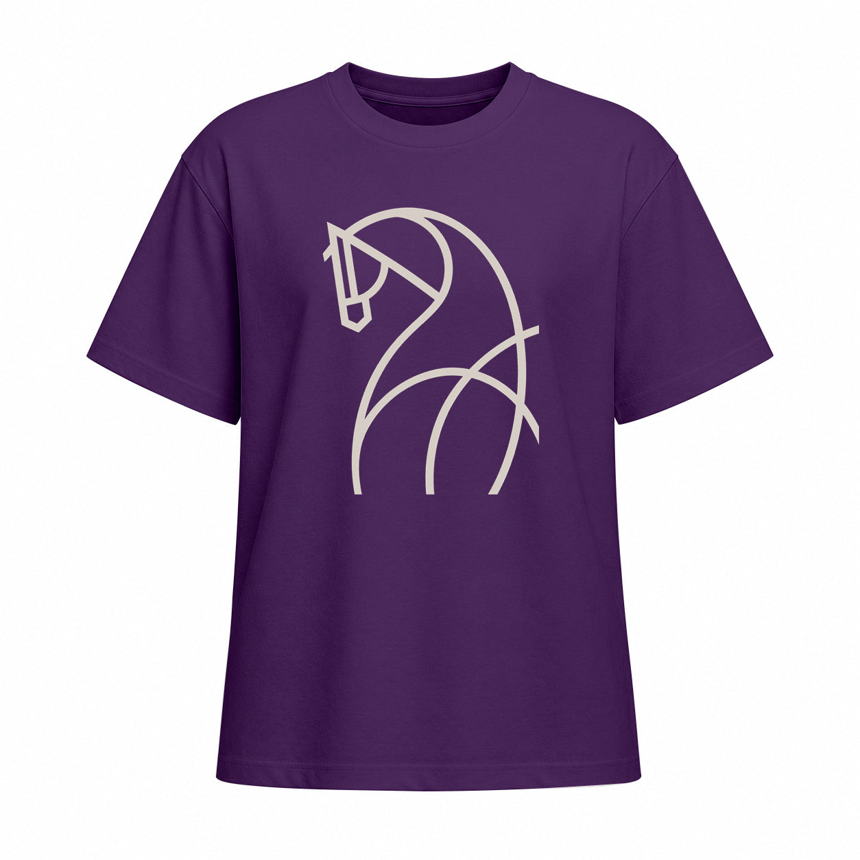 Front view of purple short sleeve t shirt with light beige line art horse chest graphic