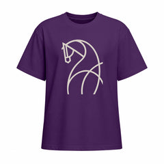 Front view of purple short sleeve t shirt with light beige line art horse chest graphic