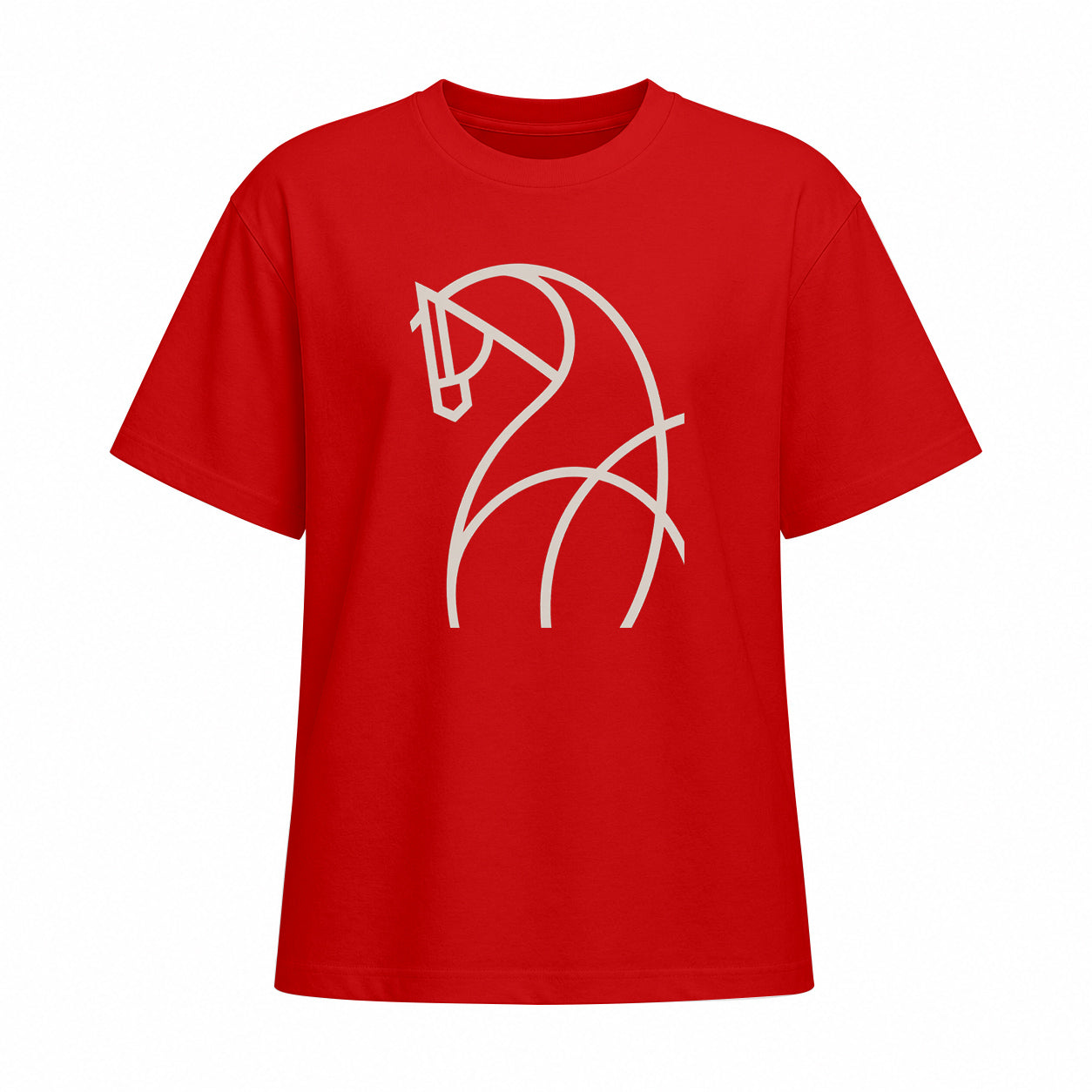 Front view of red short sleeve t shirt with light beige line art horse chest graphic