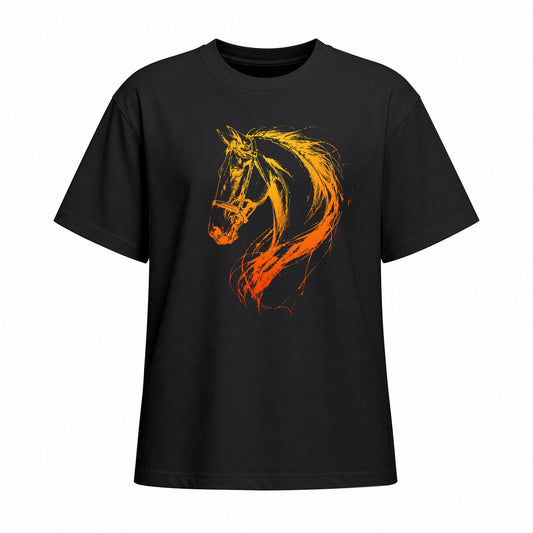 Black short sleeve t shirt with orange to yellow gradient brushstroke horse head graphic centered on chest