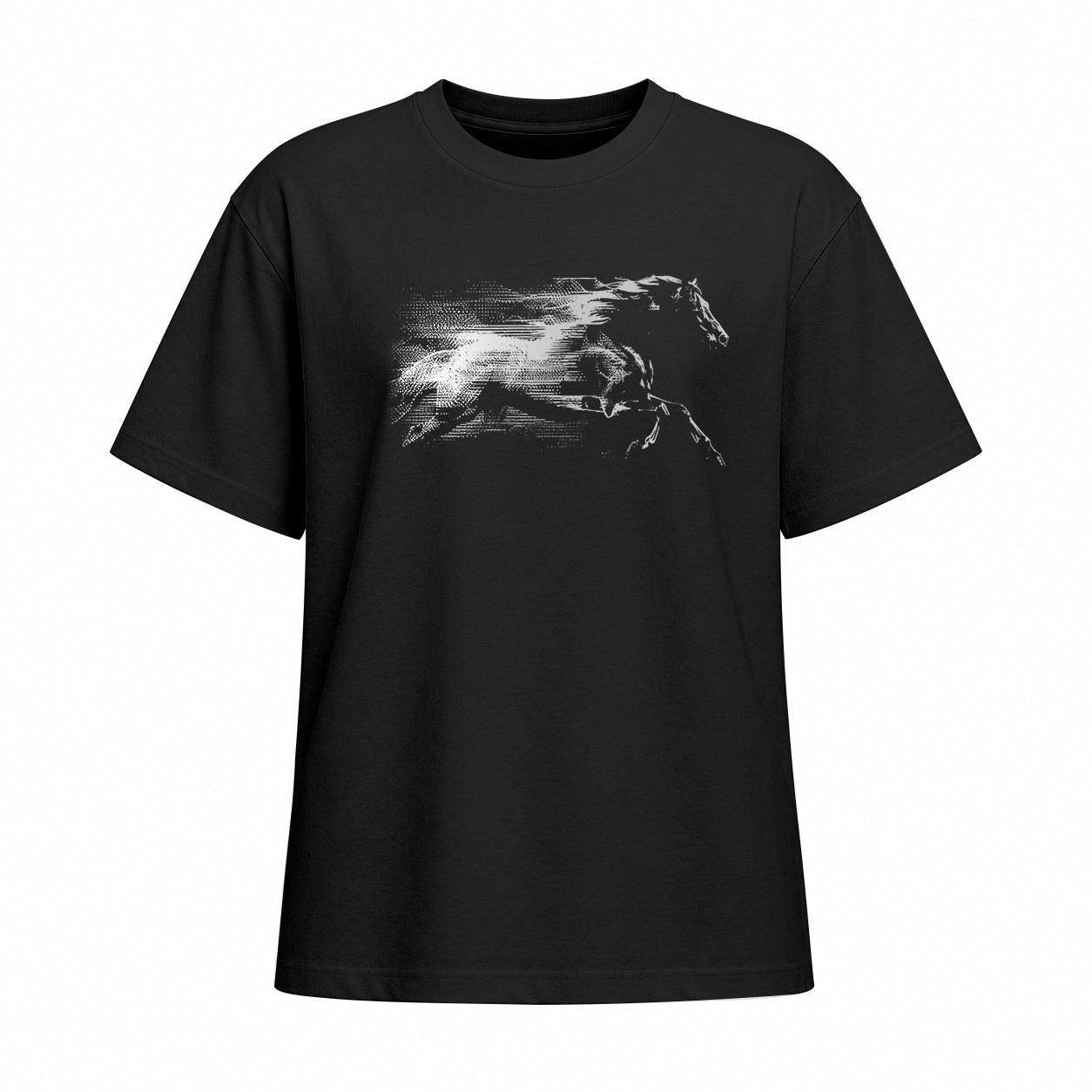 Studio front view of black short sleeve t shirt with white galloping horse chest graphic