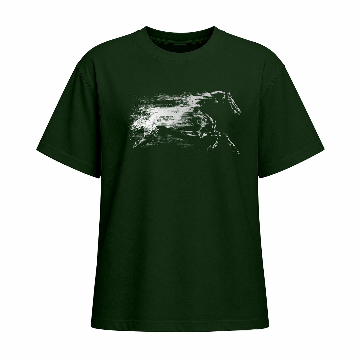 Studio front view of forest green short sleeve t shirt with white galloping horse chest graphic