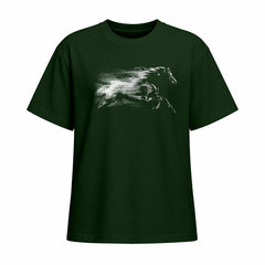 Studio front view of forest green short sleeve t shirt with white galloping horse chest graphic
