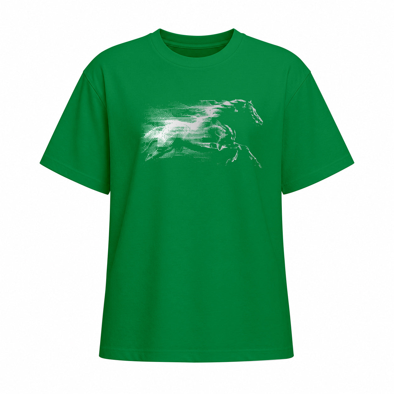 Studio front view of bright green short sleeve t shirt with white galloping horse chest graphic