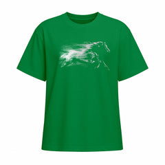 Studio front view of bright green short sleeve t shirt with white galloping horse chest graphic