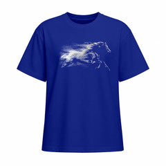 Studio front view of navy blue short sleeve t shirt with white galloping horse chest graphic