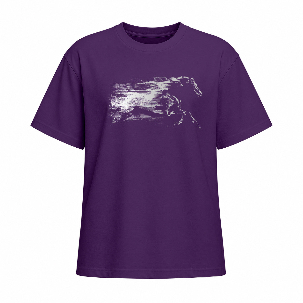 Studio front view of purple short sleeve t shirt with white galloping horse chest graphic