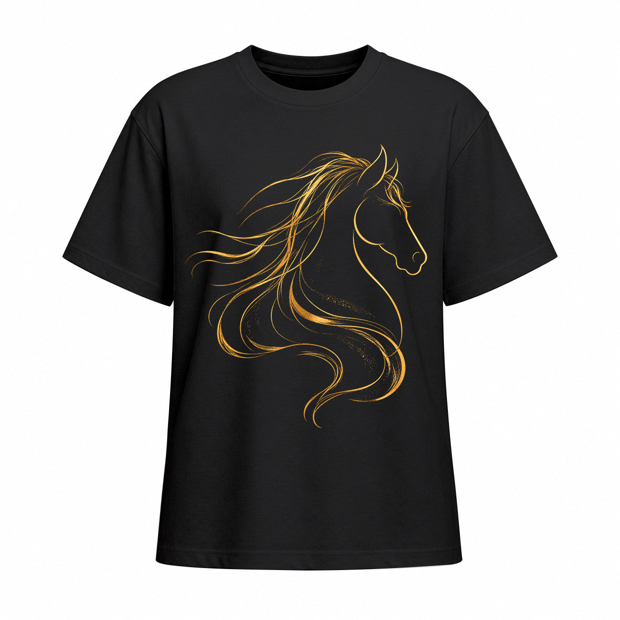 Studio front view of black short sleeve t shirt with gold line art horse head graphic