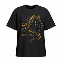 Studio front view of black short sleeve t shirt with gold line art horse head graphic
