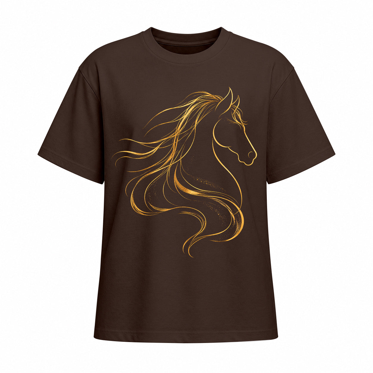 Studio front view of chocolate brown short sleeve t shirt with gold line art horse head graphic