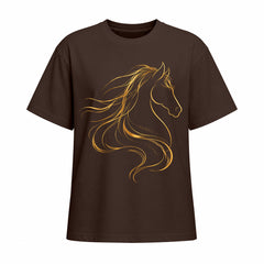 Studio front view of chocolate brown short sleeve t shirt with gold line art horse head graphic