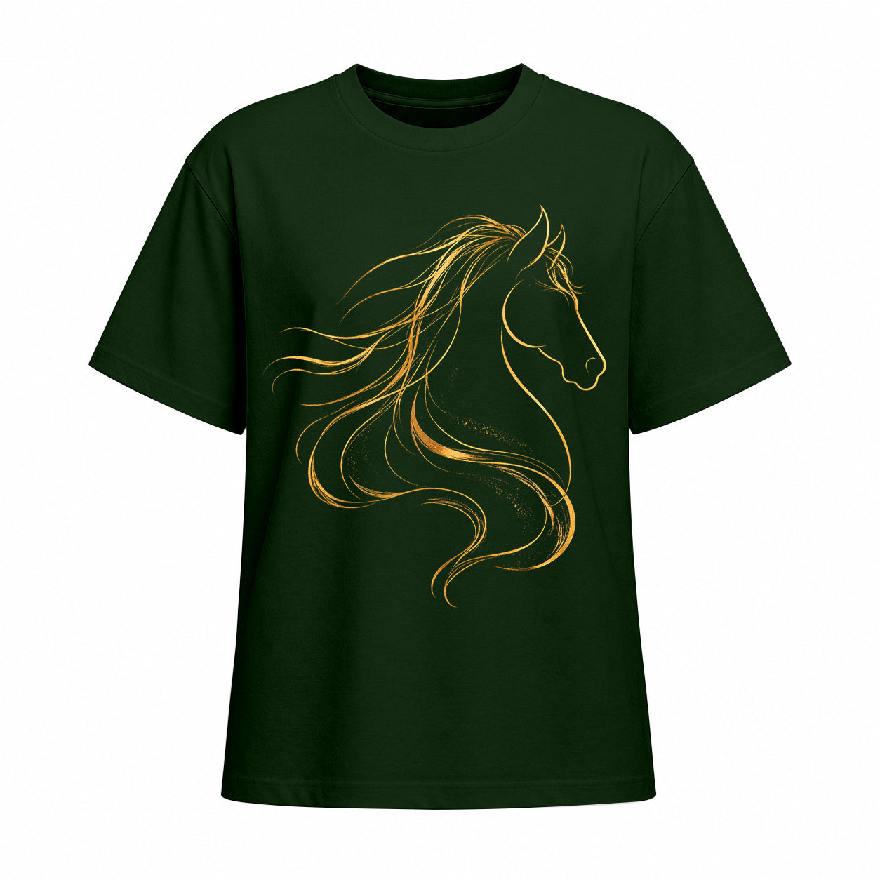 Studio front view of forest green short sleeve t shirt with gold line art horse head graphic