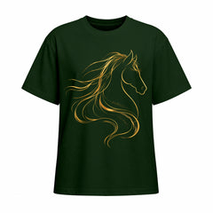 Studio front view of forest green short sleeve t shirt with gold line art horse head graphic