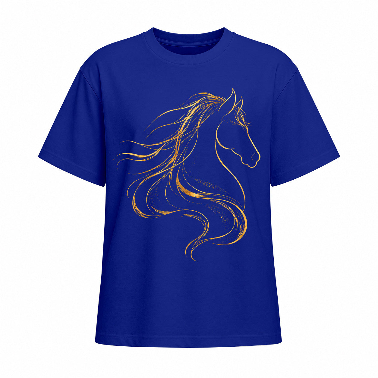 Studio front view of navy blue short sleeve t shirt with gold line art horse head graphic