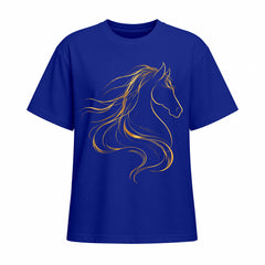 Studio front view of navy blue short sleeve t shirt with gold line art horse head graphic