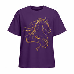 Studio front view of purple short sleeve t shirt with gold line art horse head graphic