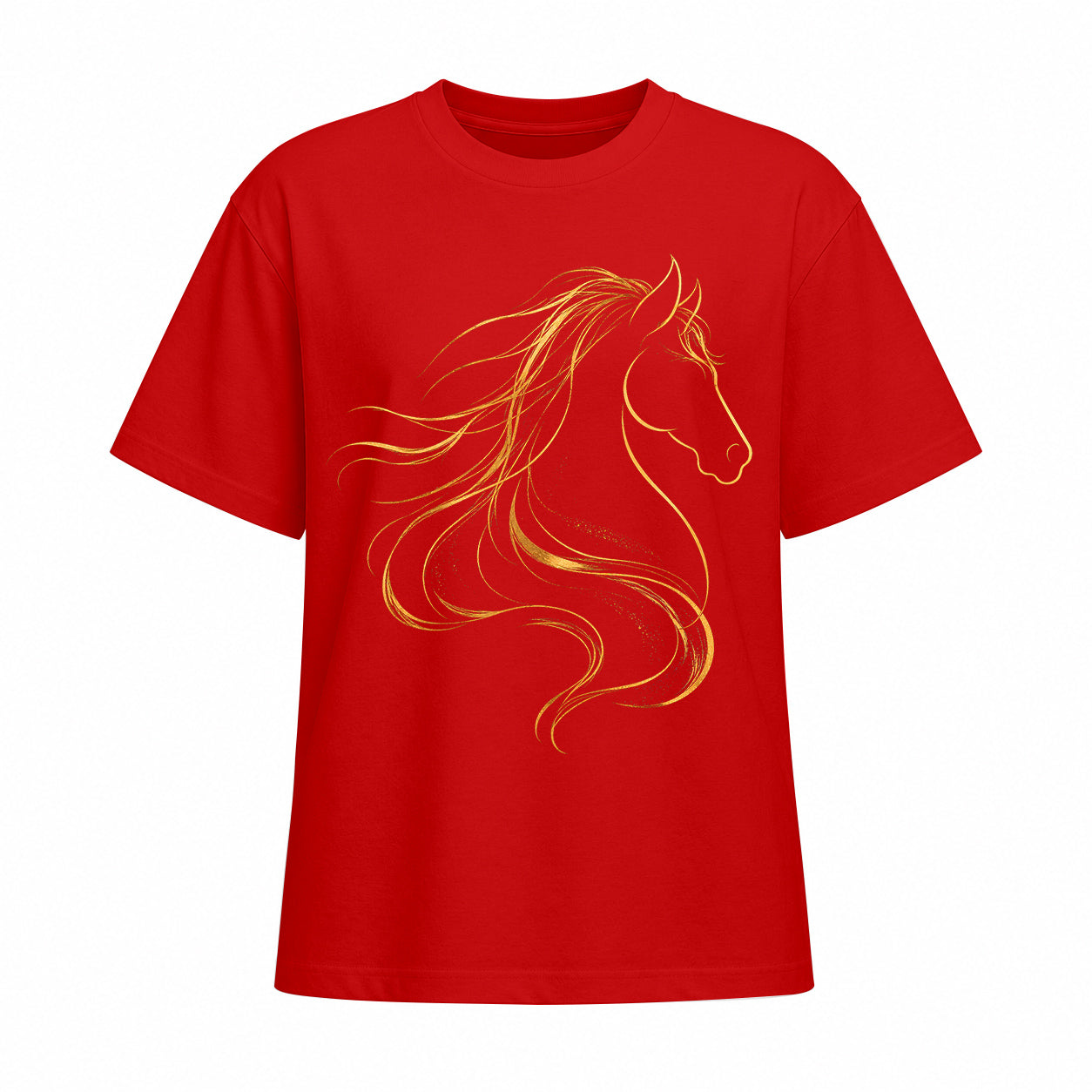 Studio front view of red short sleeve t shirt with gold line art horse head graphic