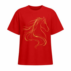 Studio front view of red short sleeve t shirt with gold line art horse head graphic