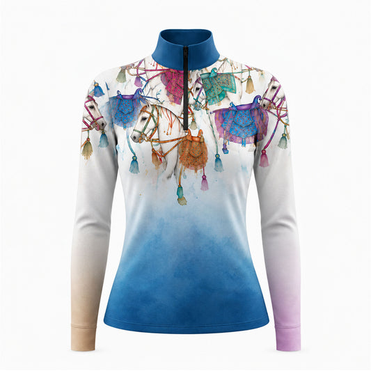Flat studio front view of the blue horse print long sleeve quarter zip riding top