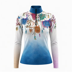 Flat studio front view of the blue horse print long sleeve quarter zip riding top