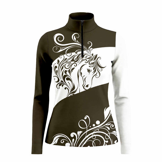 Studio shot of brown and white long sleeve quarter zip riding top with floral horse print on a plain white background