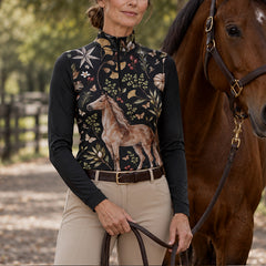 Woman wearing the black chestnut horse print riding top with riding gloves in a barn setting