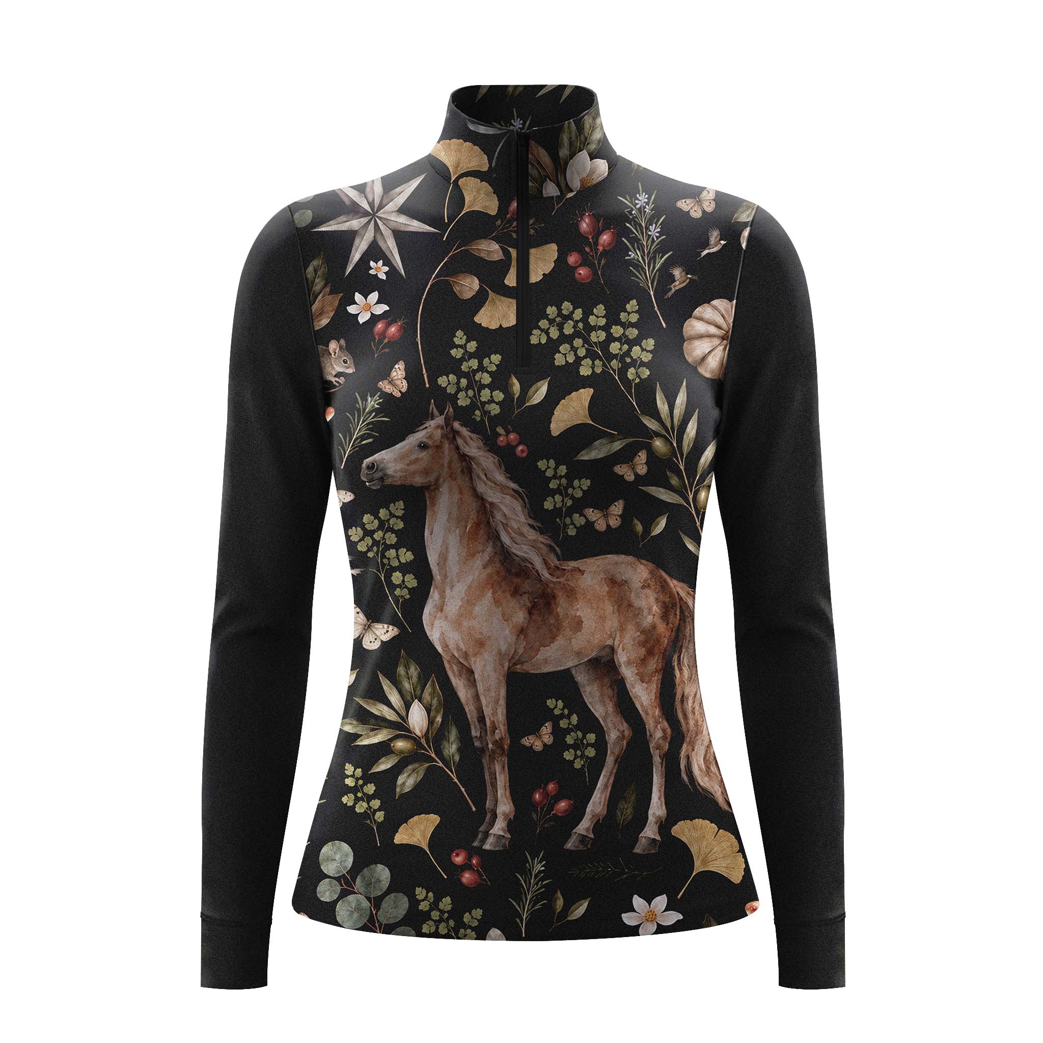 Black long sleeve quarter zip riding top with a chestnut horse and botanical print on the front panel