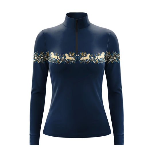 Navy long sleeve quarter zip riding top with cream horse and floral print across the chest and upper sleeves