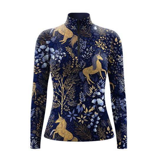 RIDER ATELIER Midnight Unicorn & Forest Print Long-Sleeve Quarter-Zip Riding Top