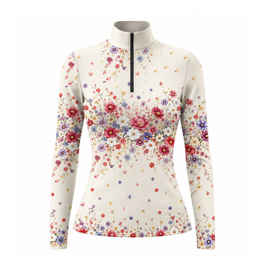 Cream floral print long sleeve quarter zip riding top with black stand up collar zipper and fitted long sleeves
