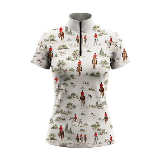 Off white short sleeve quarter zip riding top with an all over foxhunting scene print, stand up mock collar and black quarter zip placket