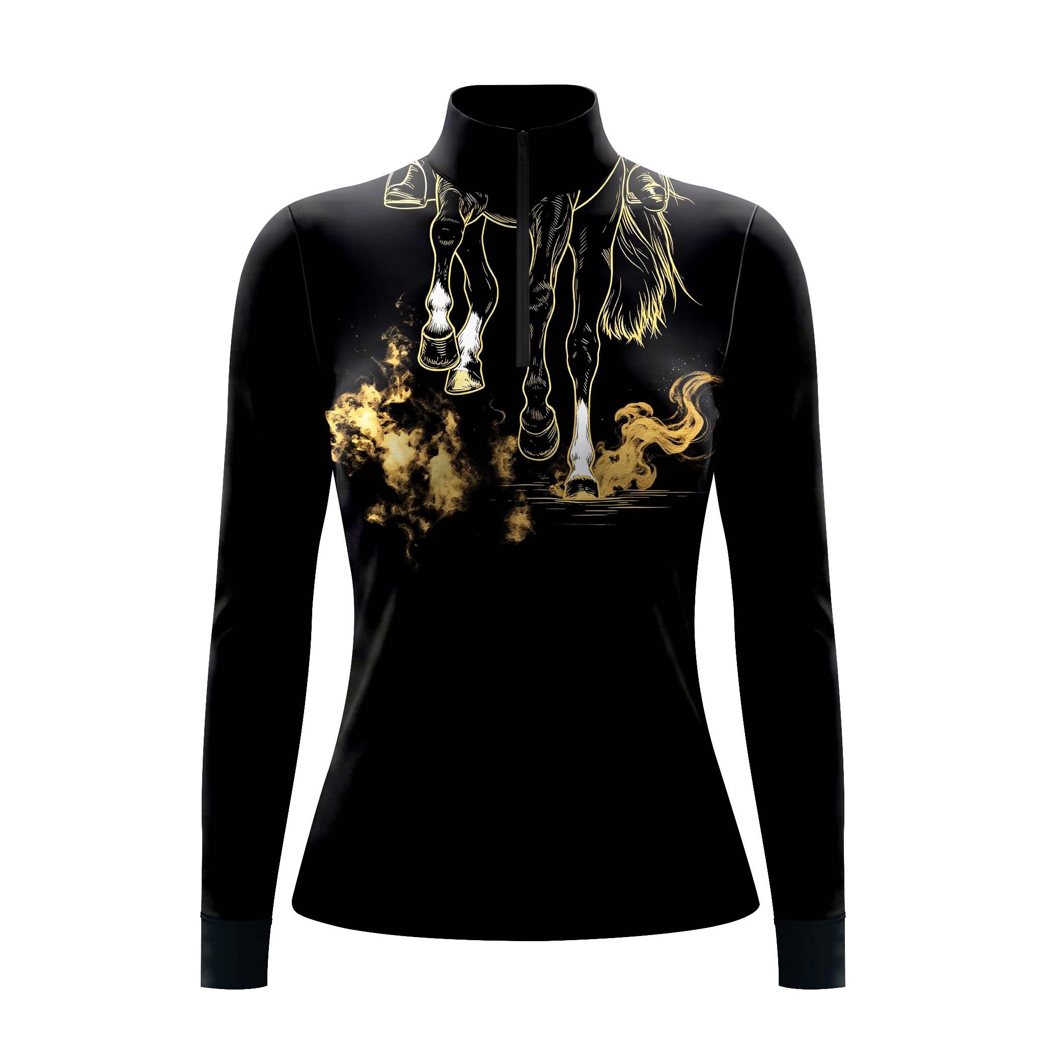 Black long sleeve quarter zip riding top with gold horse leg line art and ink wash print on the chest