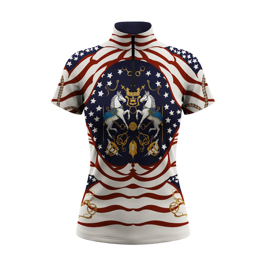 Clean studio white‑background product mockup of women’s american flag dual‑heraldic horse golden equestrian hardware short‑sleeve quarter‑zip riding top