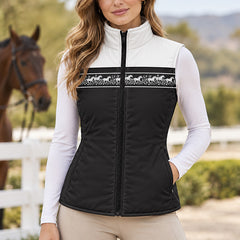 Back view of the reversible vest showing the full width horse and vine print band with horses in the background