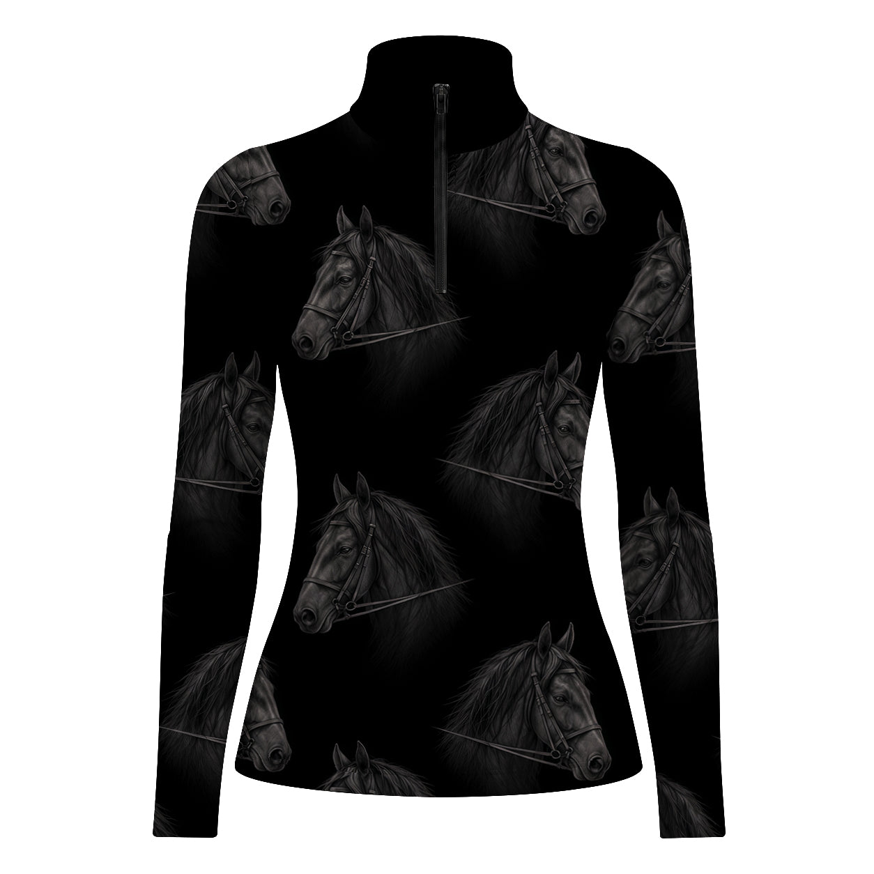 Black long sleeve quarter zip riding top with all over dark gray horse head print, shown flat with a form fitting silhouette