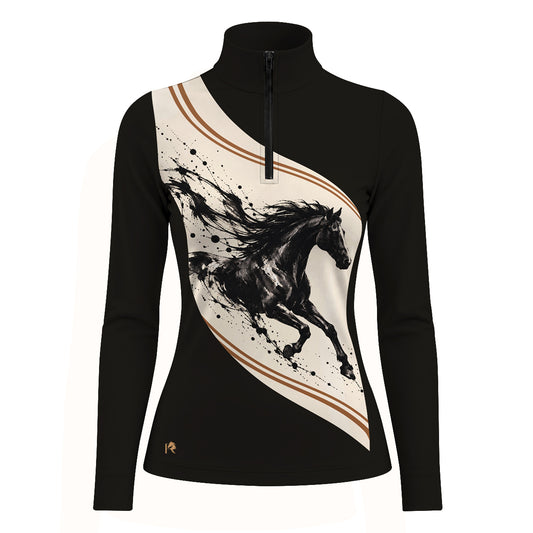 Black long sleeve quarter zip riding top with cream curved front panel, ink style galloping horse print and small gold R horse head logo at the lower left hem