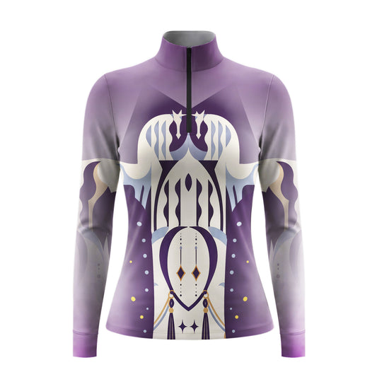 Purple gradient long sleeve quarter zip riding top with mirrored horse head print on the front