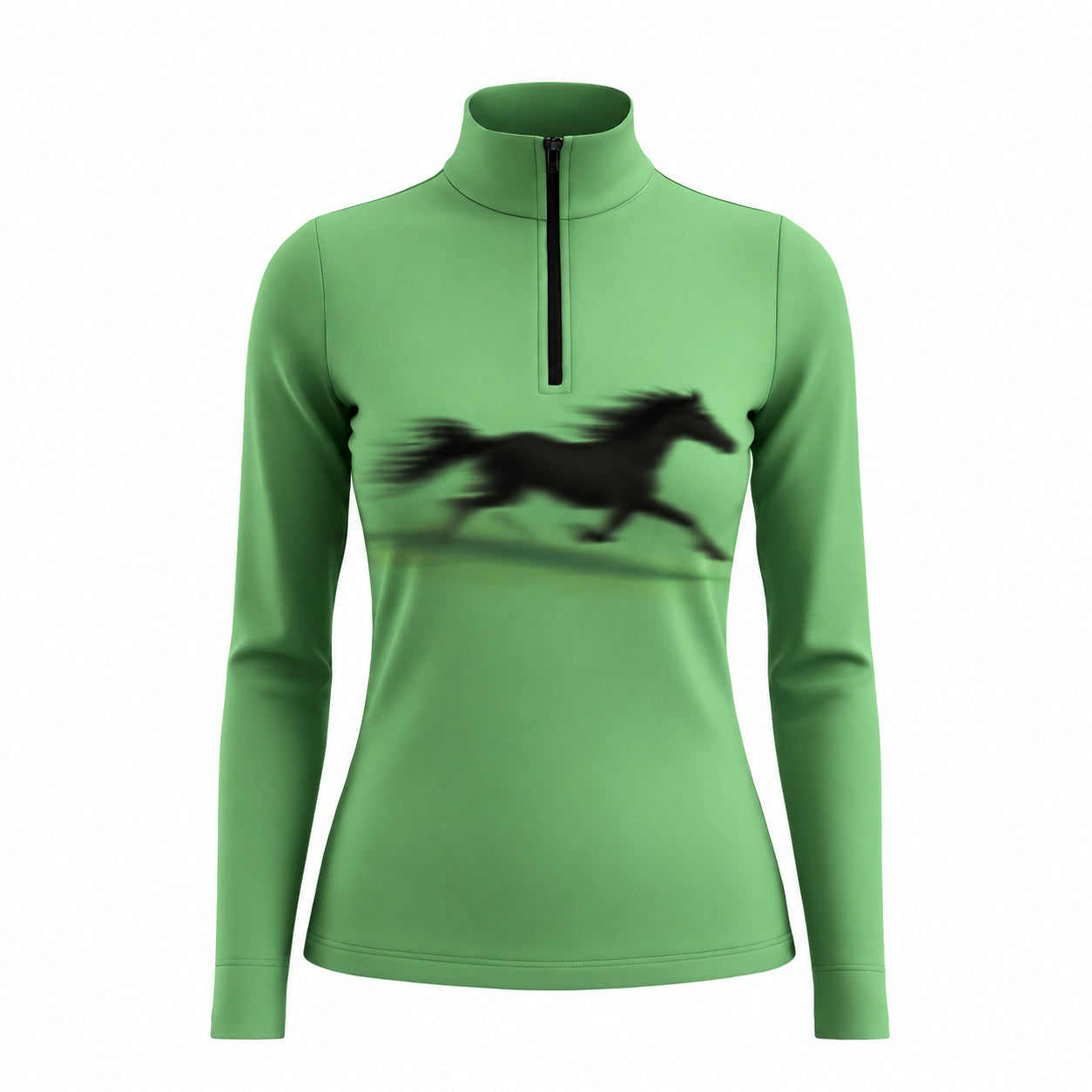Bright green long sleeve quarter zip riding top with a flat printed black galloping horse on the front chest
