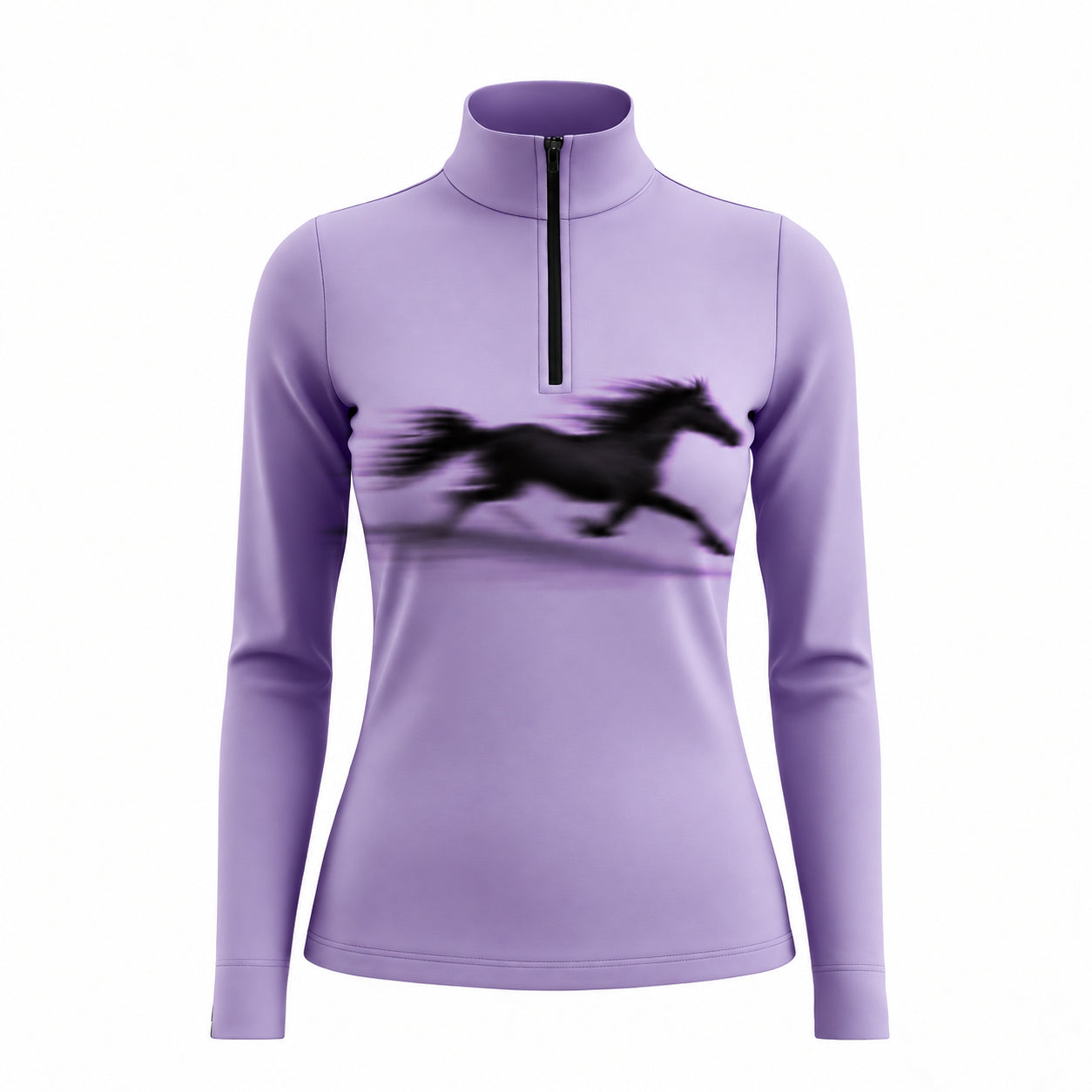 Light purple long sleeve quarter zip riding top with a flat printed black galloping horse on the front chest