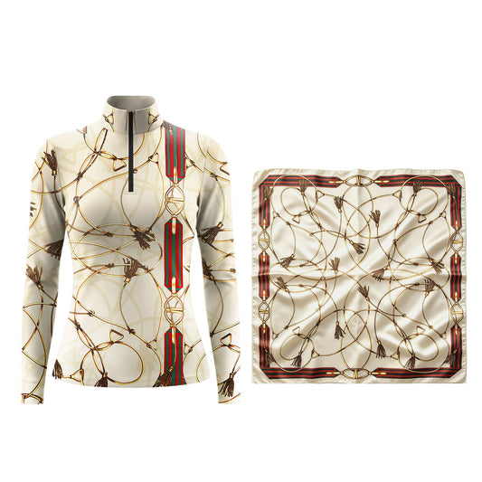 Cream Base Equestrian Horse Bit Bridle Tassel All‑Over Print Long‑Sleeve Quarter‑Zip Riding Top | Free Matching Design Scarf Gift