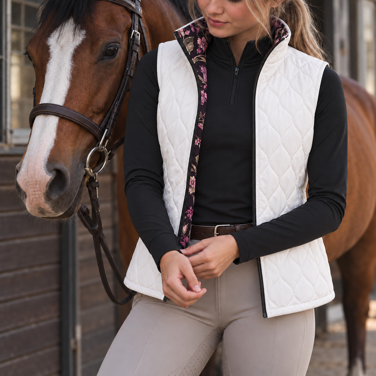 Woman wearing a white diamond quilted reversible vest over a black long sleeve top with tan breeches and tall brown boots beside a horse