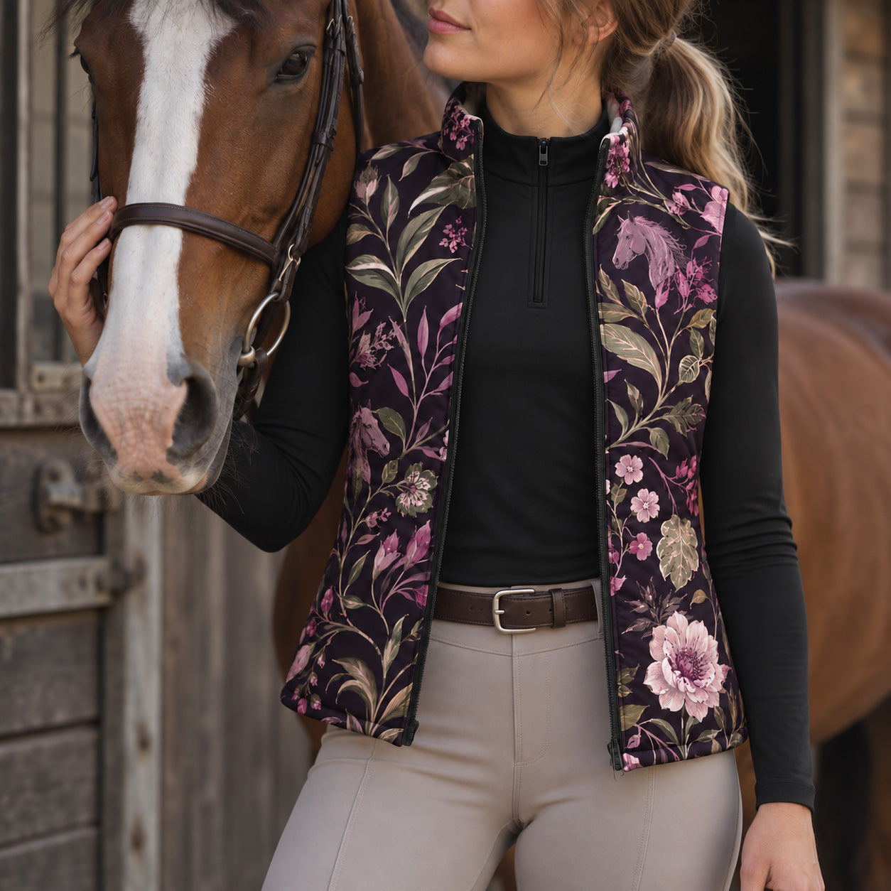 Dark horse and floral print side of a reversible equestrian vest worn over a black long sleeve top near horses and stable structures