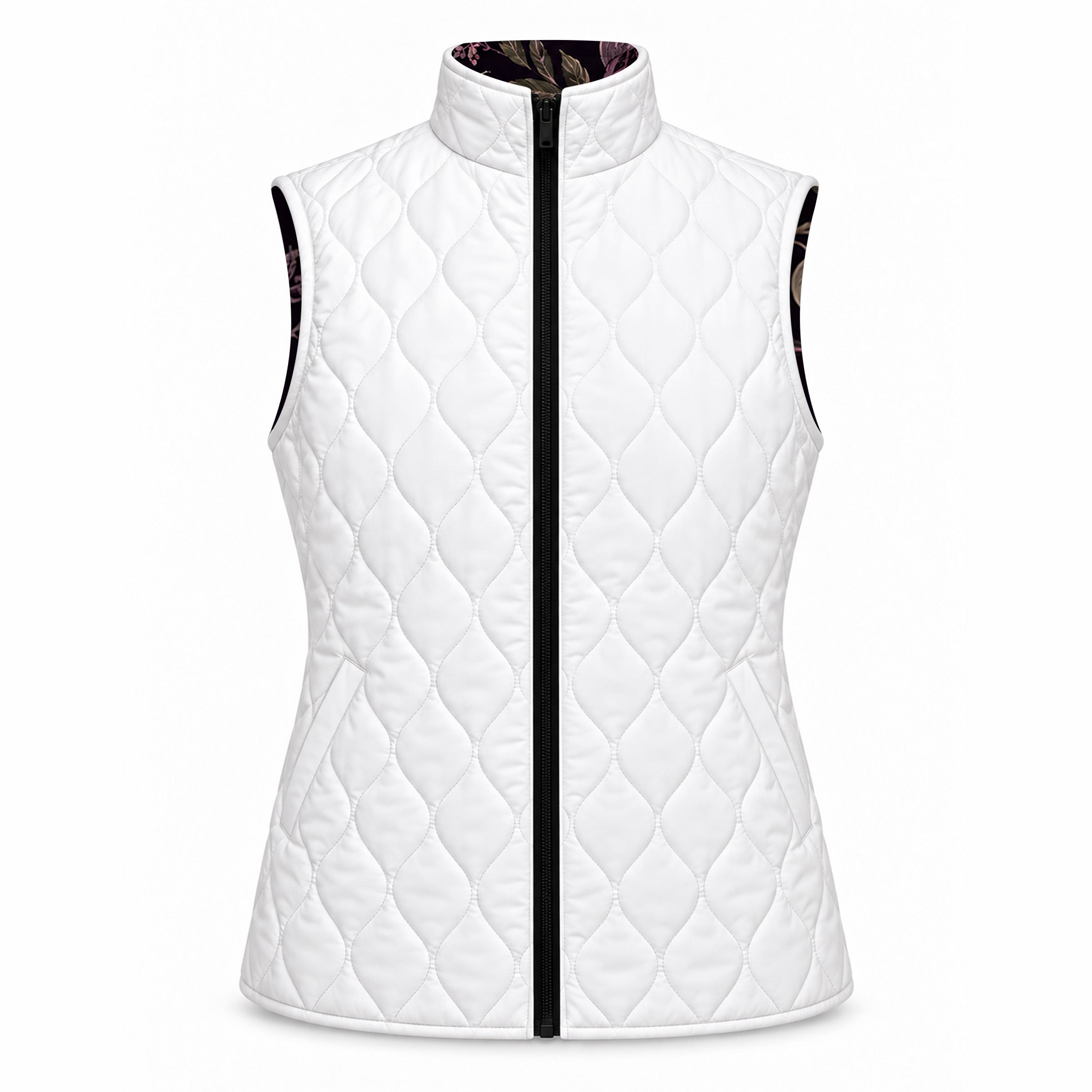 White diamond quilted side of a reversible vest with a standing collar, black center front zipper, and two diagonal side pockets