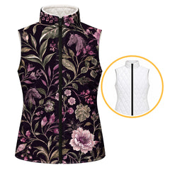 Reversible quilted equestrian vest with a dark horse and floral print side and standing collar