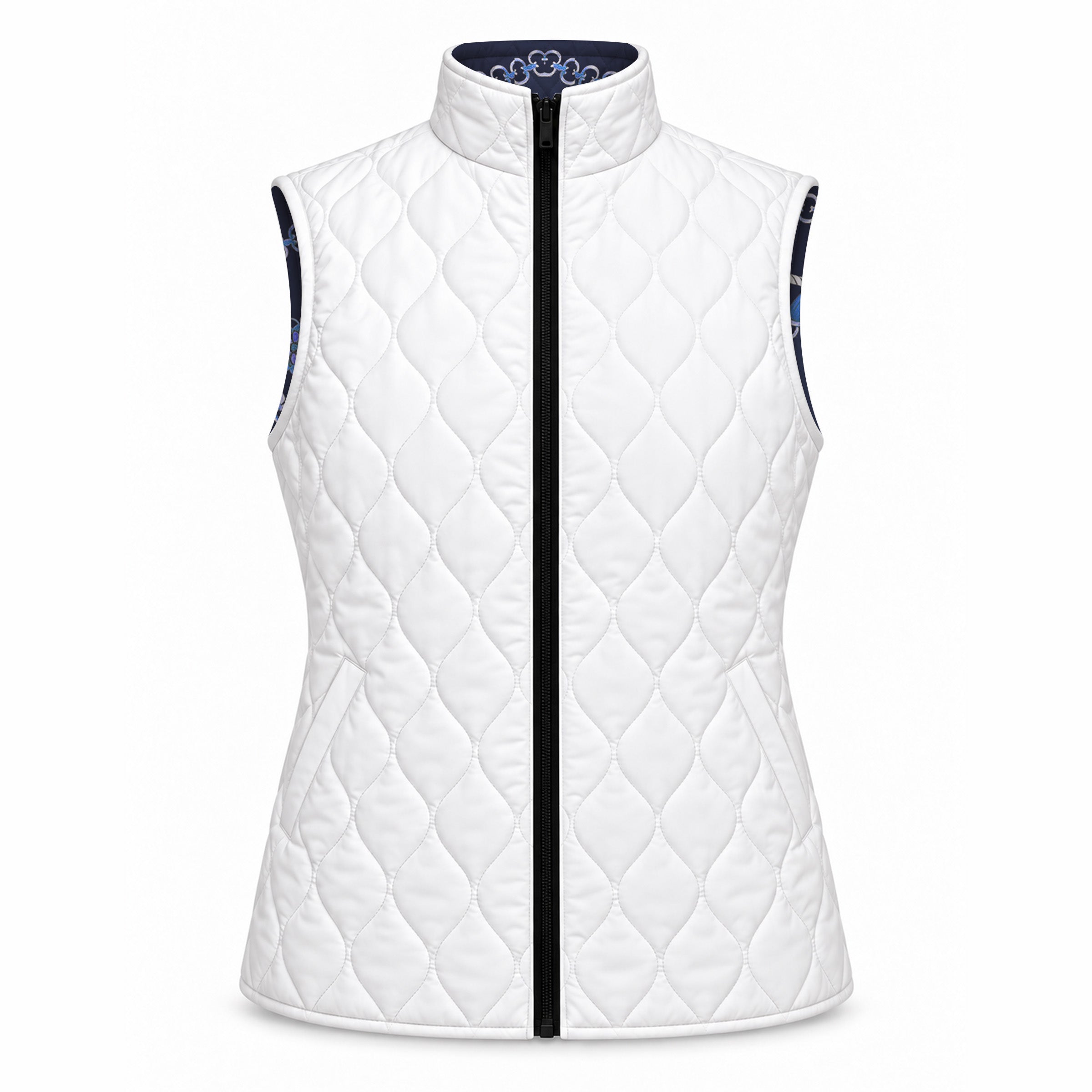 Solid white reverse of reversible quilted equestrian vest with diamond stitching, standing collar and two diagonal slit pockets