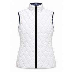 Solid white reverse of reversible quilted equestrian vest with diamond stitching, standing collar and two diagonal slit pockets