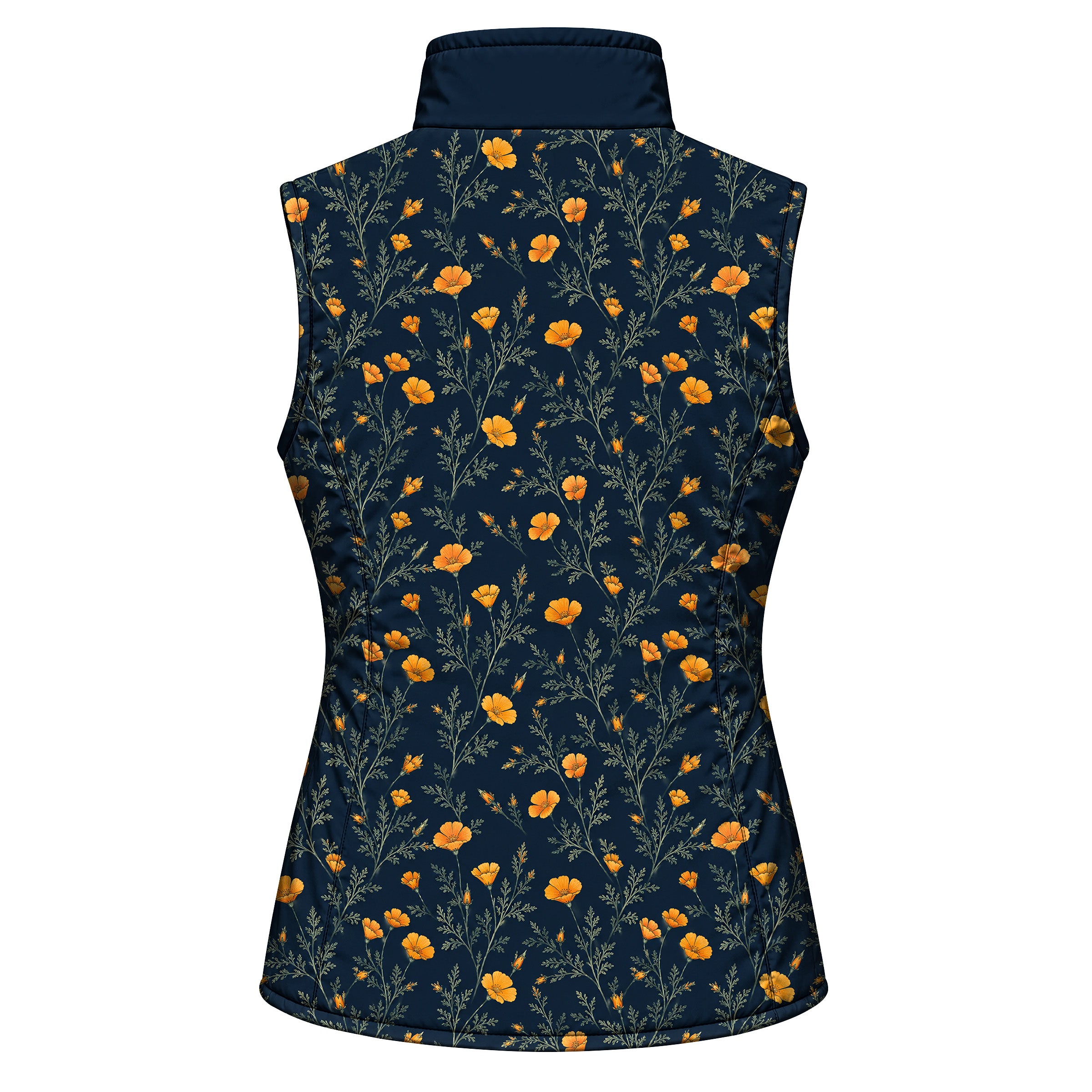 Close view of the navy vest side with orange poppy style flowers and green fern like foliage