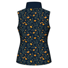 Close view of the navy vest side with orange poppy style flowers and green fern like foliage