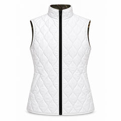 White diamond quilted side of the reversible vest with two diagonal slit pockets and black center zipper